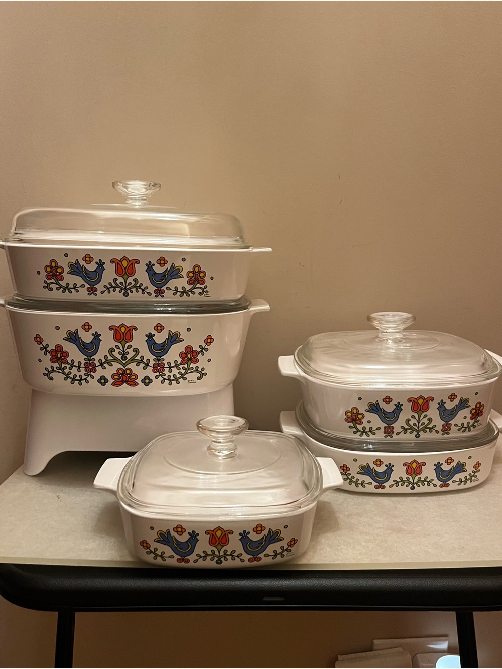 Vintage Corning 1975 Casserole Dish Set with Lids - Floral Bird Design
